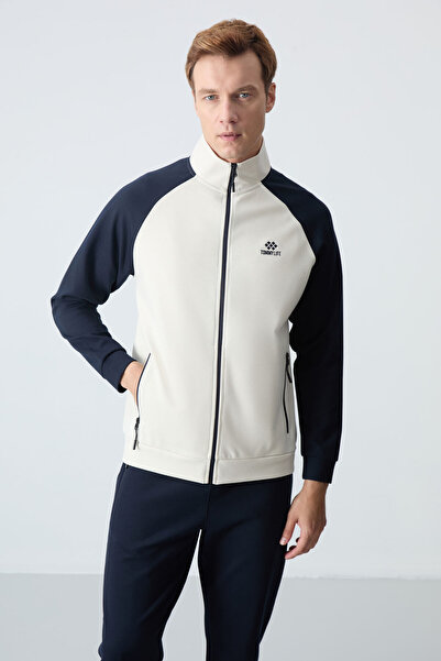 TOMMY LIFE Bej lacivert  Dik Yaka Çift Renk Rahat Form Klasik Paça Erkek Eşofman Takımı - 85113