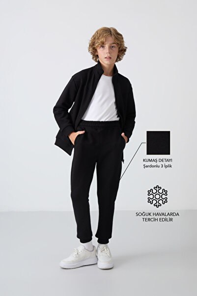 TOMMY LIFE Black Cotton Thick Inside Hairy Soft Textured Standard Fit Embroid...