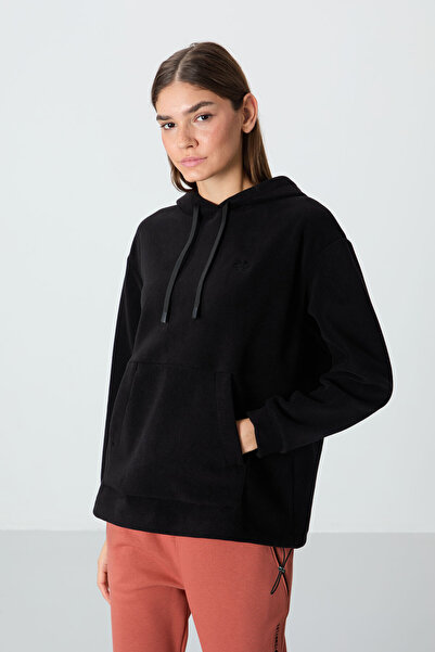 TOMMY LIFE Black Thick Soft Textured Hooded Oversize Embroidered Fleece Women...