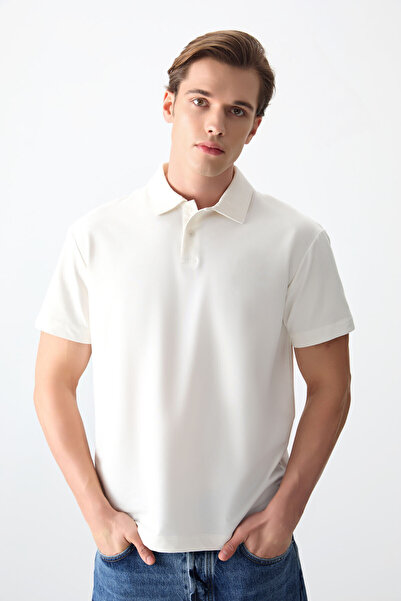 AIR JONES Ecru Cotton Thick Soft Textured Polo Collar Oversize Fit Basic Men'...