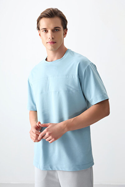 AIR JONES Açık Mavi Pamuklu Kalın Yumuşak Dokulu Oversize Fit Basic Erkek T- ...