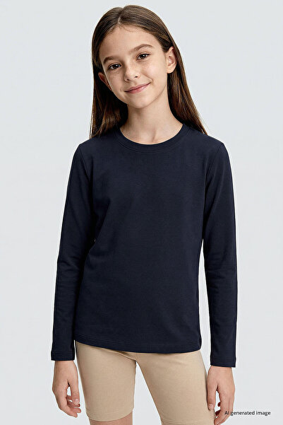 TOMMY LIFE Navy Blue O Neck Standard Fit Basic Long Sleeve Unisex Kids T-Shir...