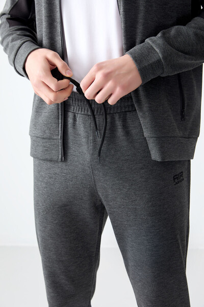 AIR JONES Anthracite Melange Surface Textured Standard Fit Embroidered Men's Tracksuit Set - 85248