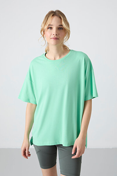 TOMMY LIFE Water Green Combed Cotton Modal Soft Buttoned Oversize Fit Basic W...