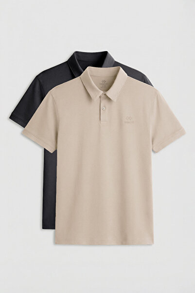 TOMMY LIFE Standart Fit Basic Polo Yaka 2li Paket Antrasit-Bej Erkek T-Shirt ...