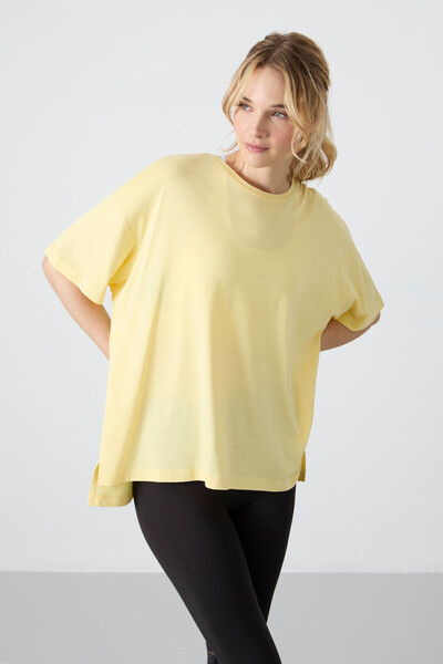 TOMMY LIFE Yellow Combed Modal Soft Button Oversize Fit Basic Women's T-Shirt...