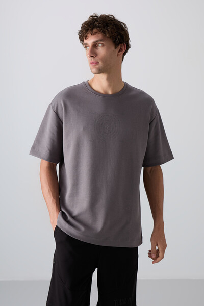 TOMMY LIFE Tricou pentru bărbați, bumbac, gri închis, gros, texturat moale, c...