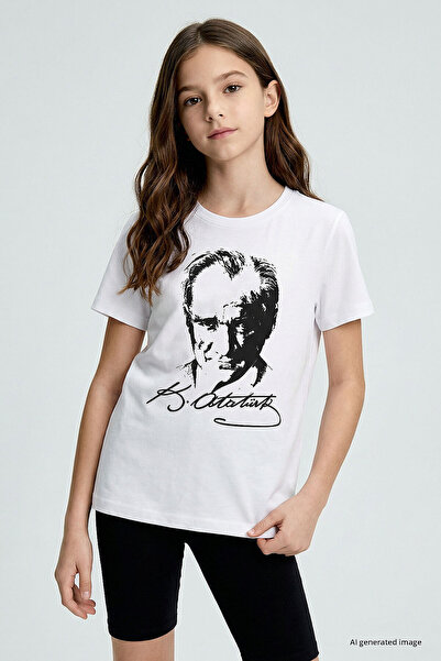 TOMMY LIFE White Ataturk Printed Unisex Kids T-Shirt - 11332
