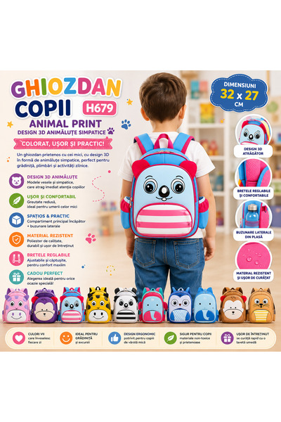 By Rozane Ghiozdan copii animal print 32x27 cm – design 3D animăluțe simpatic...