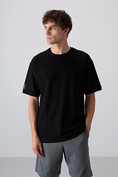 TOMMY LIFE Black Cotton Thick Surface Textured Oversize Fit Basic Men's T-Shi...