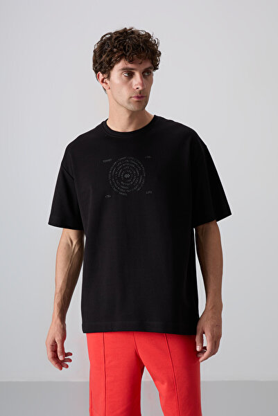 TOMMY LIFE Black Cotton Thick Soft Textured Oversize Fit Printed Men's T-Shir...