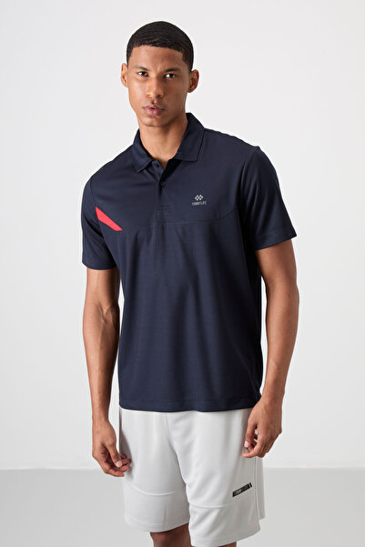 TOMMY LIFE Navy Blue Breathable Textured Slim Flexible Standard Fit Polo Neck...