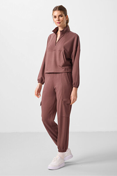TOMMY LIFE Brauner, weich strukturierter Oversize-Damen-Trainingsanzug mit St...