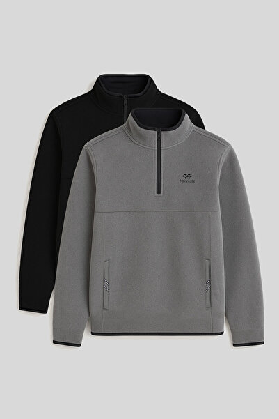 TOMMY LIFE Dik Yaka Yarım Fermuarlı 2li Paket Siyah-Gri Melanj Erkek Polar Sw...
