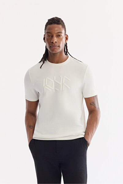 Avva Men's Ecru Crew Neck Printed Bi-Stretch Interlock Regular Fit T-Shirt A6...