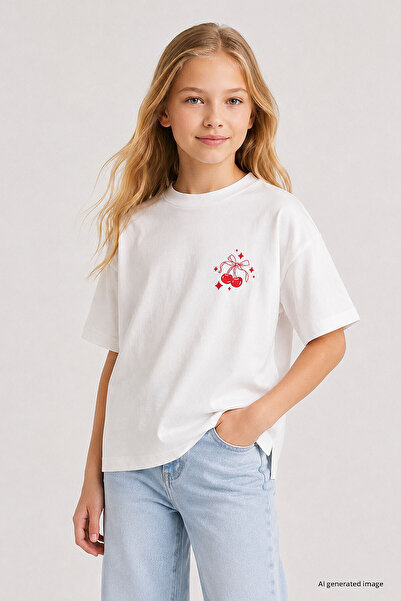 TOMMY LIFE White Oversize Short Sleeve Printed Girls' T-Shirt - 75176