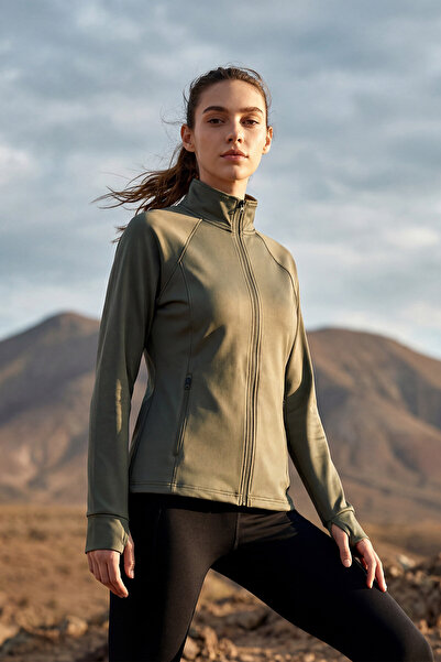 TOMMY LIFE Khaki Zippered Mock Neck Basic Comfortable Fit Women's Running Jac...