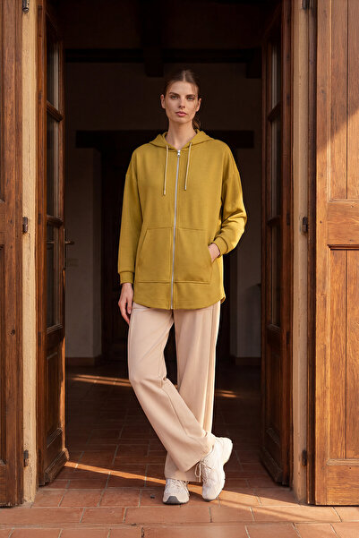 TOMMY LIFE Dark Mustard Soft Textured Hooded Oversize Women's Tunic Sweatshir...