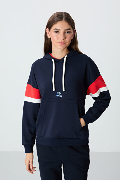 TOMMY LIFE İndigo Kompakt Pamuklu Kalın Pürüzsüz Dokulu Kapüşonlu Oversize Fi...