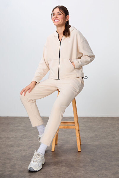 TOMMY LIFE Beige Thick Soft Textured Hooded Oversized Embroidered Fleece Wome...