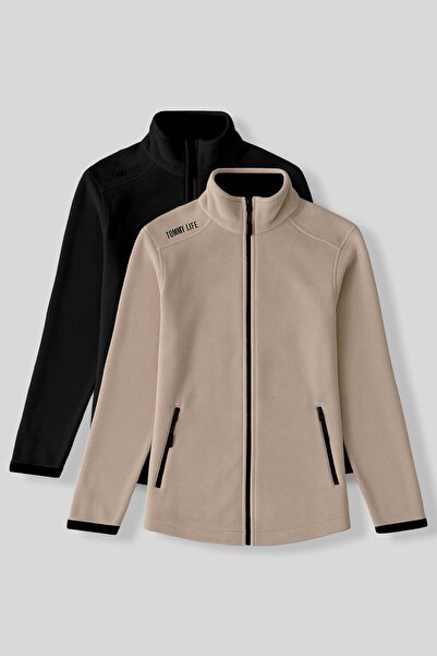 TOMMY LIFE Rahat Form Dik Yaka 2li Paket Siyah-Koyu Bej Kadın Polar Sweatshir...