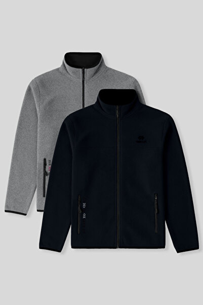 TOMMY LIFE Standart Kalıp Dik Yaka 2li Paket Lacivert-Gri Melanj Erkek Polar ...
