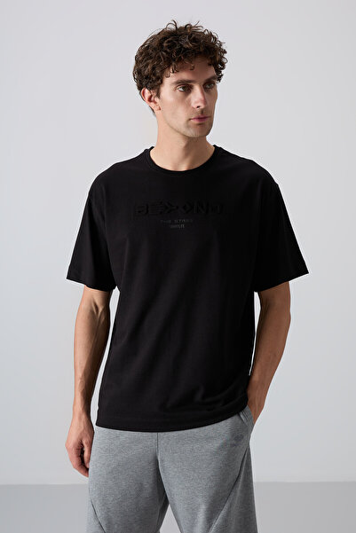 TOMMY LIFE Black Cotton Thick Soft Textured Oversize Fit Printed Men's T-Shir...