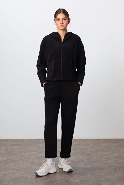 TOMMY LIFE Black Thick Soft Textured Hooded Oversize Embroidered Fleece Women...