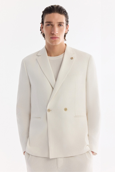 Avva Men's White Mono Collar Linen Blend Single Button Comfort Fit Jacket A61...