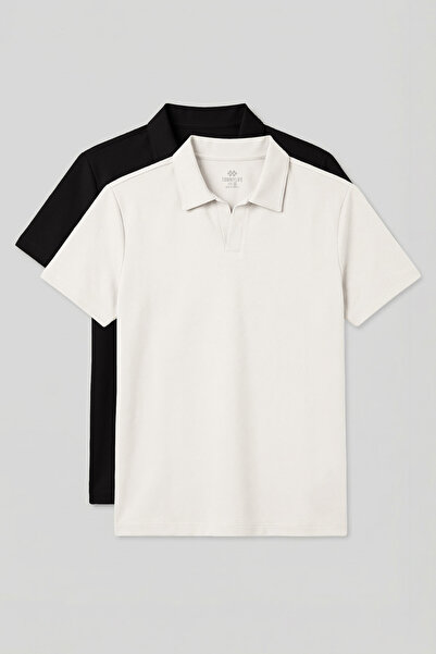 TOMMY LIFE Rahat Form Polo Collar 2-Pack Black-Ecru Men's T-Shirt - 88496