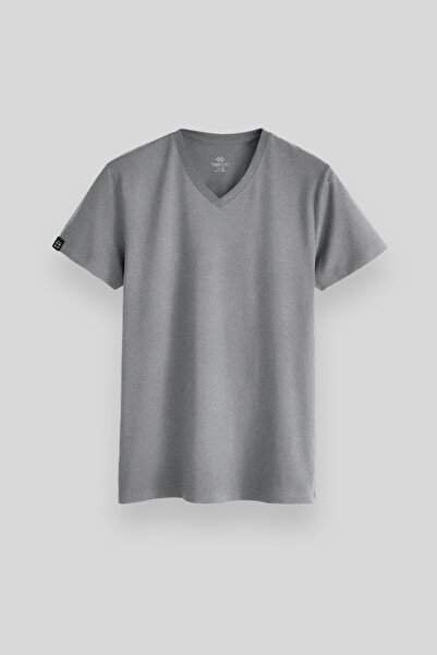 TOMMY LIFE Tricou pentru bărbați Gri Melange Basic cu mânecă scurtă, cu decol...