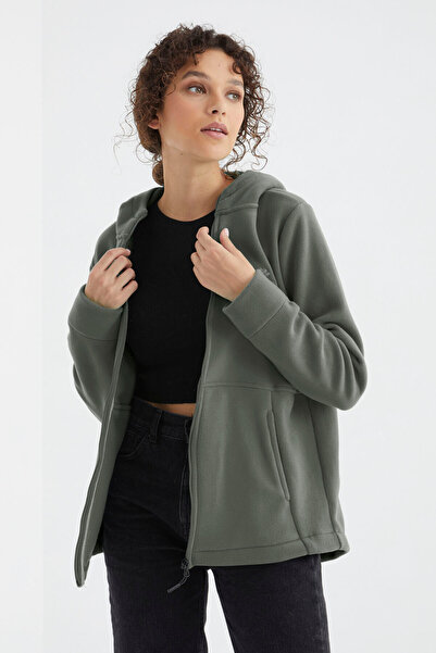 TOMMY LIFE Çağla Kapüşonlu Fermuarlı Rahat Form Kadın Polar Sweatshirt - 97233