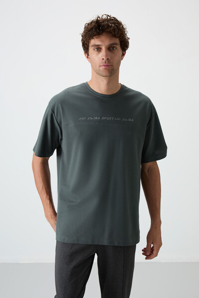 AIR JONES Khaki Cotton Thick Surface Textured Oversize Fit Printed Men's T-Sh...