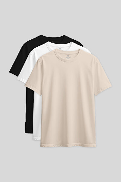 TOMMY LIFE Standart Fit Basic O Yaka 3lü Paket Siyah-Beyaz-Bej Kadın T-Shirt ...