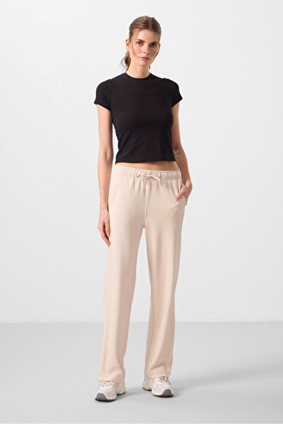 TOMMY LIFE Beige Soft Textured Side Panel Detailed Wide Leg Women's Palazzo T...