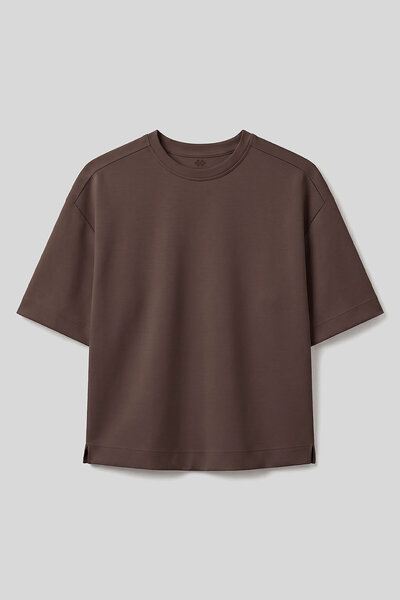 TOMMY LIFE Καφέ Γυναικείο T-Shirt με Λαιμόκοψη O και Κοντό Μανίκι - 97316