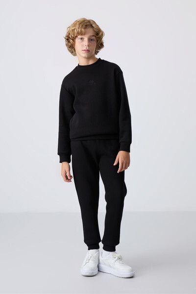 TOMMY LIFE Black Cotton Thick Inside Hairy Soft Textured Standard Fit Embroid...