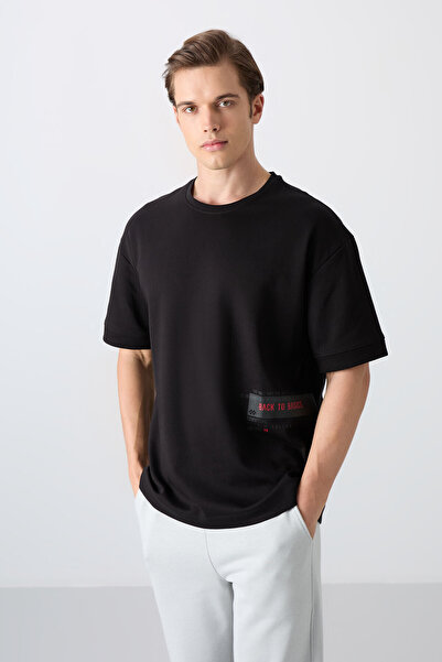 TOMMY LIFE Black Cotton Thick Soft Textured Oversize Fit Printed Men's T-Shir...