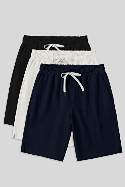 AIR JONES Comfort Fit Basic 3lü Paket Siyah-Lacivert-Ekru Erkek Şort - 81274