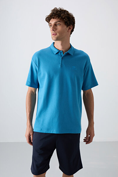 TOMMY LIFE Petrol Blue Cotton Thick Soft Textured Oversize Fit Basic Polo Col...