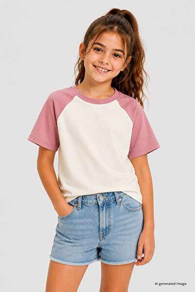 TOMMY LIFE Tricou pentru fete cu mâneci raglan, croială standard, ecru-roz us...