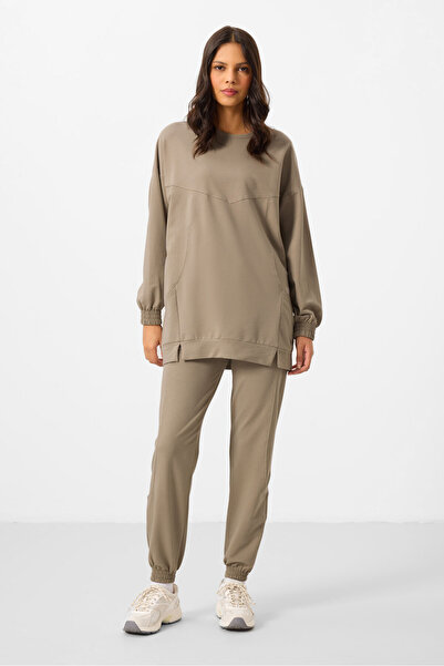 TOMMY LIFE Dark Beige O Neck Basic Oversize Women's Tracksuit Tunic Set - 95347