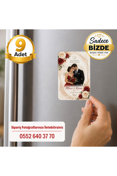 Hediye Baskıcı Nişan Günü Fotoğraflı Buzdolabı Magneti (6x9 cm) 9 Adet – İsim...