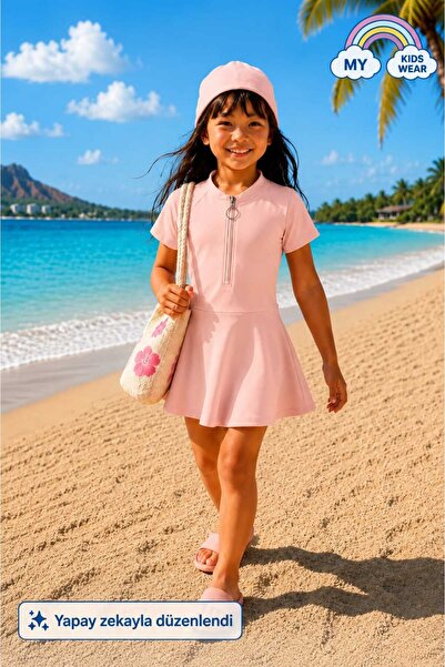 My Kids Wear Girls' Short-Sleeved Zipper Swimsuit Uv Protection Beach and Poo...