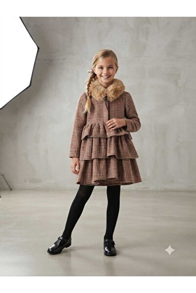 Hilal Akıncı Kids Girls' Fur-Collar Houndstooth Patterned Long-Sleeve Tiered ...