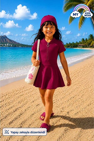 My Kids Wear Girls' Short-Sleeved Zip-Up Swimsuit Uv Protection Beach and Poo...