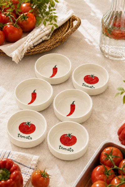 Papart طقم أطباق سيراميك مزخرفة بالطماطم والفلفل مكون من 6 قطع، طقم وعاء صلصة ووعاء مربى للإفطار مقاس 10 سم