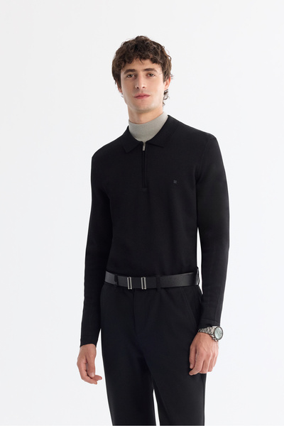 Avva Men's Black Zippered Polo Collar Rayon Non-Pilling Regular Fit Knitwear ...