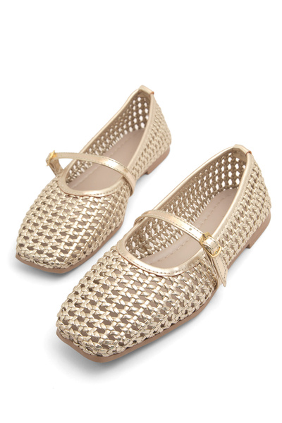 RoseVeno Women's Metallic Gold Knitted Mary Jane Casual Shoes Ballerinas