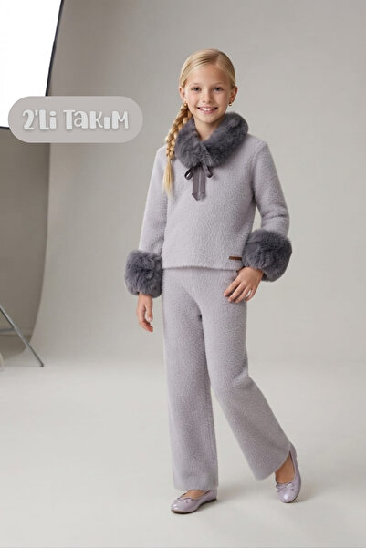 Hilal Akıncı Kids Girl's Removable Collar and Sleeve Furry Sweater Trousers K...